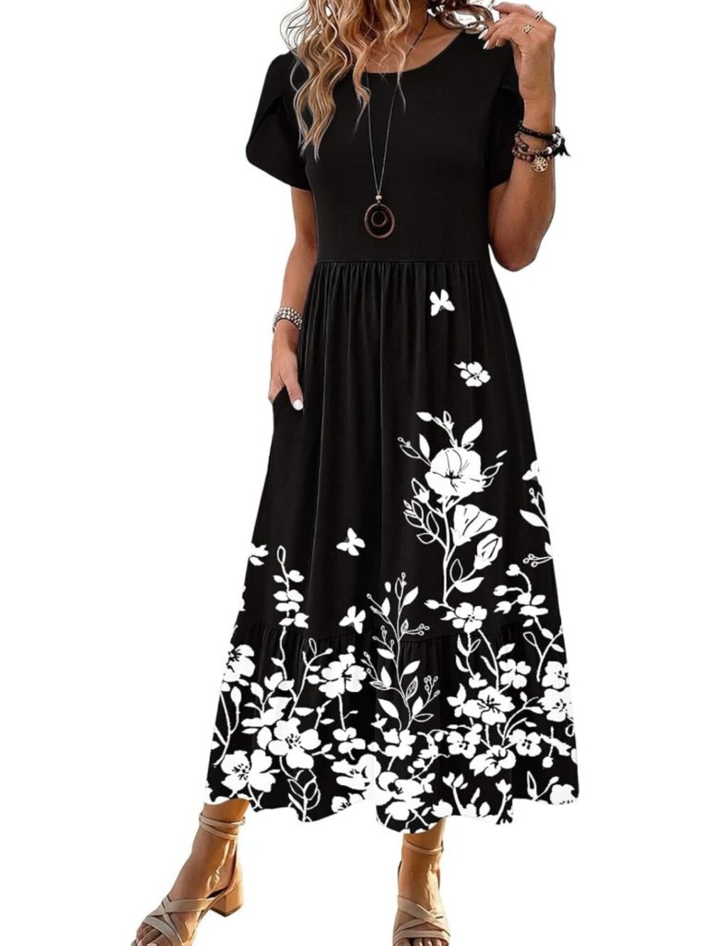 Summer Midi A-Line Dress for Women | Short Sleeve Flowy Tiered Sundress with